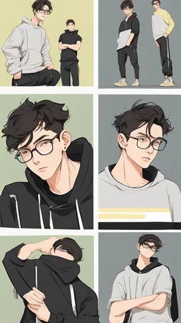 generate a tall guy with green eyes, black short hair, black rectangular glasses, plump lips, wide shoulders, in a black sweatshirt, black pants with pockets on the hips, yellow short socks, in black sneakers, wide shoulders, the guy is crying