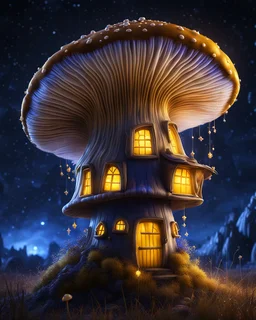 An illogically floating mushroom house on a clear night. white yellow blue, Stars Dark cosmic interstellar. Detailed Matte Painting, deep color, fantastical, intricate detail, splash screen, hyperdetailed, insane depth, concept art, 8k resolution, trending on Artstation, Unreal Engine 5, color depth, backlit, splash art, dramatic, High Quality Whimsical Fun Imaginative Bubbly, perfect composition