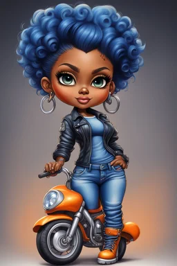 create an airbrush illustration of a chibi cartoon voluptuous black female wearing a blue jean outfit with biker boots. Prominent make up with hazel eyes. Extremely highly detail of a very low orange pixie haircut. Background of a bike show.