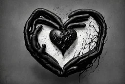 A black hand made out of black smoke violently crushing an anatomically correct heart