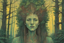 create an abstract expressionist lithograph full body portrait of a pale female tribal druid priestess, with highly detailed, delicate feminine facial features, inhabiting an ethereal Northern forest of ancient hemlocks, in the comic book style of Jean Giraud Moebius, David Hoskins, and Enki Bilal, precisely drawn, boldly inked, with vibrant summer forest colors