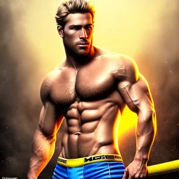 Ignore NSFW, teenager young rugged attractive slightly muscular fantasticly handsome blonde man, red briefs with yellow belt, hairy chest, (((visibly pisssing))) briefs, large erect visible boner peniss, photorealistic, artist Jay Anacleto, soft lighting, scruffy beard