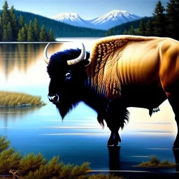 Drawing of 'American Bison',River,snow,Meadow,mountains,painting by Earl Norem, simon Bisley,frazetta,西嘛哒, evan lee, Vallejo,kelly oil on canvas, cinematic composition, extreme detail,fit full head inside picture,8k