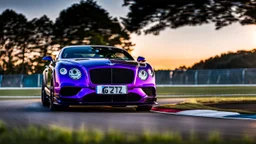 A sleek (((racing purple bentley gt3))), its matte shell reflecting the (((bright sun))), cutting through a (((clear bright blue morning sky)))