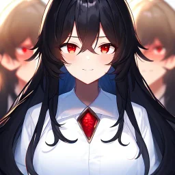 Clear focus,High resolution, black long fluffy hair, long fluffy bangs, red eyes, wearing a lab outfit, extreme close up, evil smile