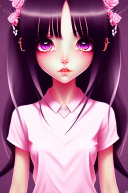 girl, cute, beautiful, black hair, long hair, straight hair, bangs, pink shirt, big eyes, brown eyes, kawaii, close up portrait, anime