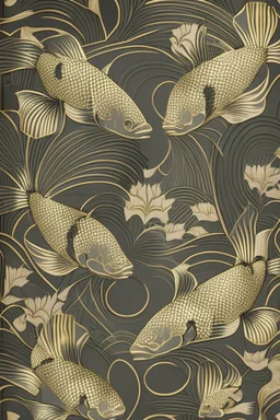 art deco pattern with koi fish in black and gold