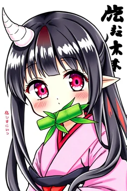 Cute Japanese girl, with pink eyes, a only horn on left side of head, dressed in her pink kimono and a black haori, black long hair with reddish tips, a piece of bamboo covering her mouth, drawing manga style, vibrant colors, in a manga book cover