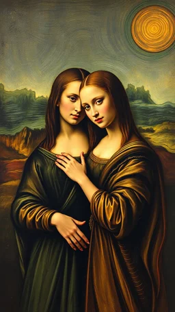 Mona Lisa tangoing whit Vincent van Gogh realistic