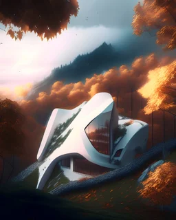 Villa on the mountain architecture Zaha Hadid trees people autumn weather clouds hyper realistic 8k