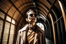 Woman in a dress and jacket, and sunglasses, looking slightly upward, under a bright vault, fashion photography, real photography, 16K