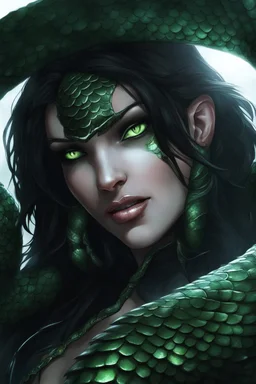 female snake humanoid, full body, wearing a black leather armor, green scales on the face, dungeons and dragons