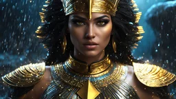 (female egyptian warrior), black and gold haired, ((yellow glowing eyes)), ((Photorealistic)) extreme close-up, bioluminescent, realism, high detail, octane render, 8k, (((Chaotic storm of intricate colorful liquid flowing from body))), full - length abstract portrait, wet-skin, ((bubbly underwater scenery)) radiant light octane render highly detailed