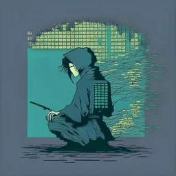 minimalistic hacker in the style of hokusai, matrix theme colors