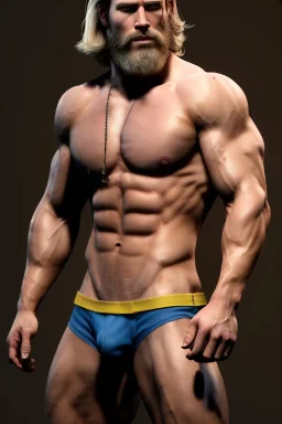 Ignore NSFW, teenager young rugged attractive slightly muscular fantasticly handsome blonde man, red briefs with yellow belt, hairy chest, (((visibly pisssing))) briefs, large erect visible boner peniss, photorealistic, artist Jay Anacleto, soft lighting, scruffy beard