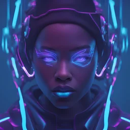 a face photo futuristic black girl cyborg serious haute couture body with circuits refractions on the floor and cloths of neon violet colors ultra realistic cyan and magenta fog