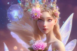 one very little beautiful fairy on a big crystal subtle flower in a galactic ambiance, transparent petals, delicate colors, in the foreground, full of details, smooth, bright sunshine，soft light atmosphere, light effect，vaporwave colorful, concept art, smooth, extremely sharp detail, finely tuned detail, ultra high definition, 8 k, unreal engine 5, ultra sharp focus