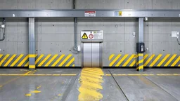 wall design for parking garage, concrete, yellow marking lines, hazard lines, weathering and water stains, realistic elevator doors in middle. a sign is above the elevator doors. rough painted hashmarks and parking lines, add signage found in a parking garage. add electrical conduit