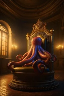 octopus smoking sigar on a throne in medieval castle, 4k, downlight, soft light, depth of field, photorealism