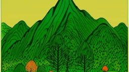 A green mountain with trees and moles designed in Mehndi design painted by Alexej von Jawlensky