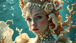 Beautiful young faced meemaid under water, wearing palimpsest art nouveau lace embossed sea shell and creatures ornate costume, adorned with palimpsest art nouveau sea creatures, sea horse. Shell coralls headdress and ribbed with árt Nouveau coralls flower and seapearls costume organic bio spinal ribbed detail of under water art nouveau sea shell embossed extremely detailed art nouveau style maximálist hyperrealistic concept árt portrait