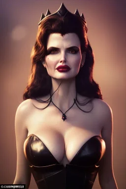 Geena Davis as evil queen in black leather, leather, busty, cleavage, angry, rage, stern look. character design by cory loftis, fenghua zhong, ryohei hase, ismail inceoglu and ruan jia. unreal engine 5, artistic lighting, highly detailed, photorealistic, fantasy