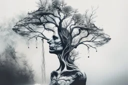 Cover Art. Dark. Ink Water color tree Portrait Dry and cracked skin dry tree double exposure. minimal. Rock music cover Art, . Surreal Art.