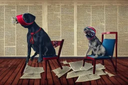 Dog sat on a chair wearing a pair of glasses and reading the newspaper, surrealism, maximalism, dynamic lighting, dynamic movement, panorama, wide-angled lense, DSLR, intricately detailed