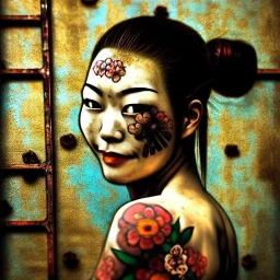 an abstract painting of rusted metal and flowers, beautiful smiling Yakuza Woman portrait, with japanese realistic tattoes, realistic,rust, scaffolding, iron cladding, decay, mixed media, textured, anatomically correct, beautiful perfect face, sharp focus, highly detailed by Johannes Vermeer 8k