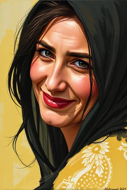 Palestinian woman with a beautiful face, turning her face slightly to the right, smiling slightly, her mouth closed, not showing her teeth, she looks drawn with oil paints