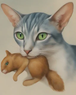 close up portrait of a airbrushed watercolor 26 chalk, a oriental shorthair blue and white tabby cat, with vivid green eyes, playing with a brown and tan stuffed toy squirrel. He has it in his mouth. the background is soft tones of gray and beige.