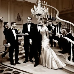 image exhibiting the qualities of decadent profundity. digital photograph reflects an unusual juxtaposition of a high-society gala under chandeliers with waiters carrying trays of caviar and fluted glasses with a focus of a group of tuxedo wearing men fawning over a zombie debutant in a dress descenting a set of spiral stairs. Surreal, high society vulgarians