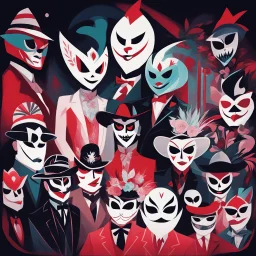 [art by Mil Mascaras in Hazbin hotel] The canvas is filled with ghostly figures, elegantly dressed in 1920s attire, but their faces tell a different story. Each character is "costumed" in a way that reveals their true nature as spirits from the hotel's dark past. The masks they wear symbolize their hidden identities, their souls trapped in a perpetual masquerade. The main focus of the painting is Jack Torrance, who is depicted in the midst of the spectral celebration. His expression is a mix of