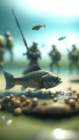 a fish being executed with guns by a platoon on a cloud, bokeh like f/0.8, tilt-shift lens 8k, high detail, smooth render, down-light, unreal engine, prize winning