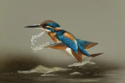 A beautiful kingfisher diving out of water, fish in beak. Waterpearls on feathers. Highly detailed, smooth colours, realistic landscape