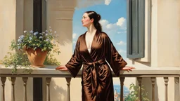 woman in bath robe on the balcony painted by Caravaggio