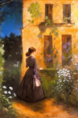 Night, vegetations, flowers, one woman, distant house, mistery, gothic horror films influence, berthe morisot, and gustave moreau paintings