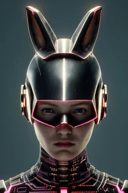 Medium Close Up Portrait, Front image. cyberpunk, rabbit mask, teenager, blonde woman, cyber helmet head. Steel dress. Black, pink, color. Steampunk style. renaissance ornaments, Color background, photo studio. Front image, highly detailed, concept art, smooth, unreal engine 5, ray tracing, RTX, lumen lighting, ultra detail, volumetric lighting, 3d, finely drawn, high definition, high resolution.