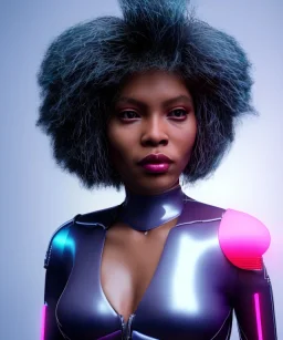 Artist, young tina turner, android woman, sweet, clean skin, afro hair, circuits, ghost in the shell, latex coat, feather, cyber punk, neon, bamboo, blood, portrait, studio photo, unreal engine 5, soft color, 16 bit, god lights, ray tracing, RTX, lumen lighting, ultra deatail, volumetric lighting, 3d, finely drawn, hd.