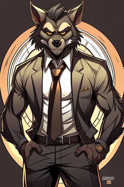 Buff, anthro, wolf, himbo, black fur, gold eyes, wearing a suit, full-body, muscles, strong, muscular,