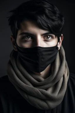 Portrait of a young man, short black hair, with a long scarf Who cover his mouth and a mask in his eyes