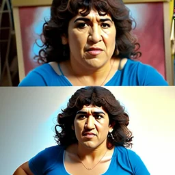 Create a highly realistic 3D scene. An detailed Realistic of Play Football Diego Maradona transforming her into a woman with the same specifications as the attached image. The method of transforming the painting in full detail. A comedic and funny touch. Ultra wide angle. Extremely realistic fine details. Highly realistic detailed display. Great full presentation and amazing drawing style. Transfer the full detailed drawing of the image at a wide and precise angle. Inspiri