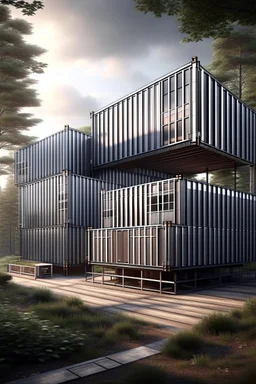 large house in the woods made from shipping containers, photorealistic