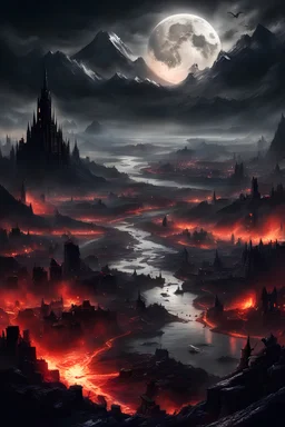 Legend of Zelda style, a dark fantasy landscape with a moon and a dark city, landscape of apocalypse city, bloodbath battlefield background, mordor as a bustling city, (apocalypse landscape:1.7), grimdark matte fantasy painting, dark fantasy city, bloody river in hell, apocalyptic landscape, hell scape, hell background, fantasy apocalypse environment, inspired by Andreas