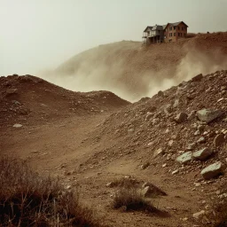 A striking quality Kodak Ektachrome E100 photograph captures a wasteland with a hill and a group of houses, creepy, details of the dust very accentuated, glossy organic mass, adorned with minerals and rocks. Bathed in intense light, eerie, Max Ernst style, black sun, fog