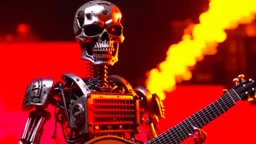 4K portrait of the real-life. Maximum details. Terminator robot playing guitar, firestarter, radio broadcast logo, flames in the background. Radio hard rock