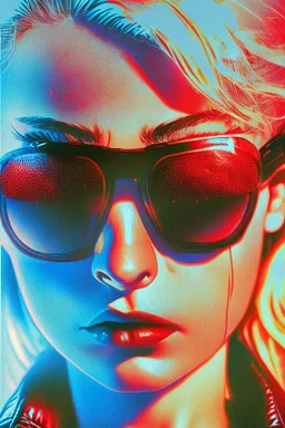 Photo of a beautiful blonde female Terminator, with dark sun glasses, bright red eye, up close, Hollywood movie poster vibes, blue light night time, high contrast dark moody lighting.