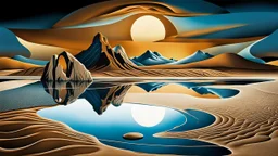 Abstract Landscape with surreal iced desert, mountains, iced water, reflections, sharp lights and shadows . The scene features circles, lines and ovals, all enhanced by overlapping, adding depth and dimension. In the scene old bones lying in sand in the right side. The sky is dramatic, filled with swirling dark clouds , creating an intense atmosphere. The color palette consists of rich, deep hues, watercolor and dark ink, like a dark dream