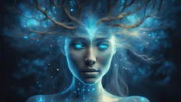 The photo is in a bioluminescent and bioluminescent art style depicting a divine tree woman, double exposure, Bioluminescent dewy translucent glowing skin, ethereal glowing eyes, long neck, perfect face in ultra-realistic details, blue hues, flowing hair, The composition imitates a cinematic film with dazzling, gold and silver lighting effects. Intricate details, sharp focus, crystal clear skin create high detail. 3d, 64k, high resolution, high detail, computer graphics, hyperrealism, f/16, 1/30