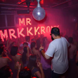 "MR Kukrunk" is Benny, and "DJ Roy" in a disco, dancing, "MR Kukrunk" on sign wall, disco light, strobe, smoke. disco ball, 1000 dancing people, ballefjong, boobas